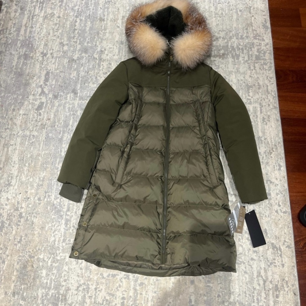 Green and Brown Quilted Puffer Coat with Fur Hood
